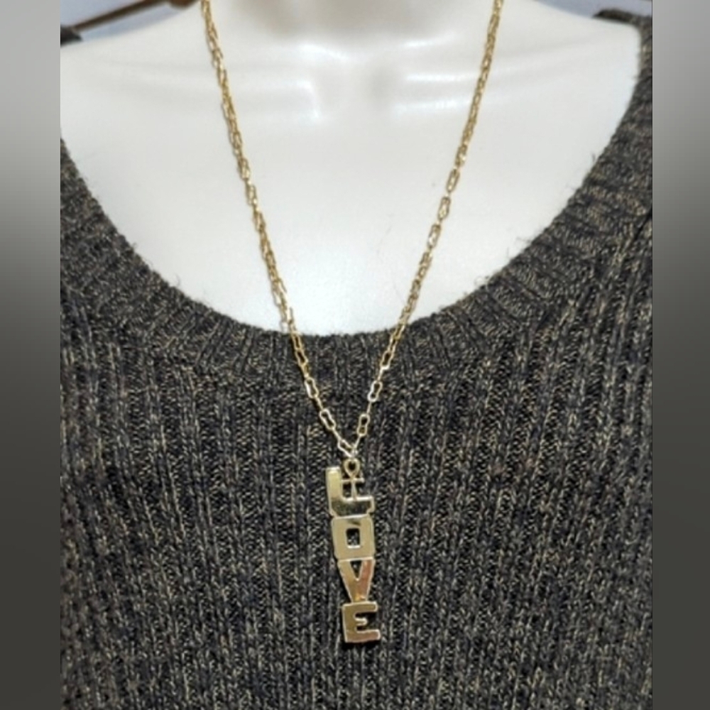 Vintage Park Lane LOVE Pendant Necklace - Gold Tone Vertical Word Art